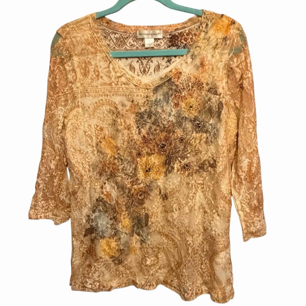 Christopher & Banks size large coral & cream print long sleeve tee lace overlay